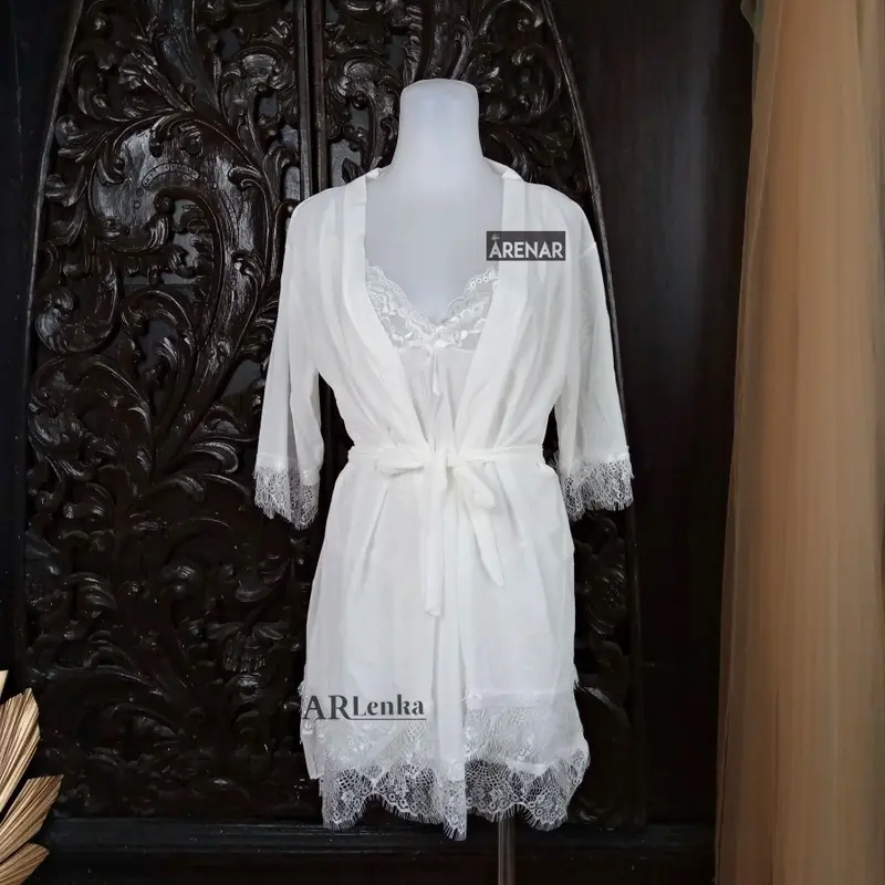 ARENAR SKA295 Dress Lingerie Putih dan Kimono Set - Baju Tidur Tipis Transparan Wanita Daster 0