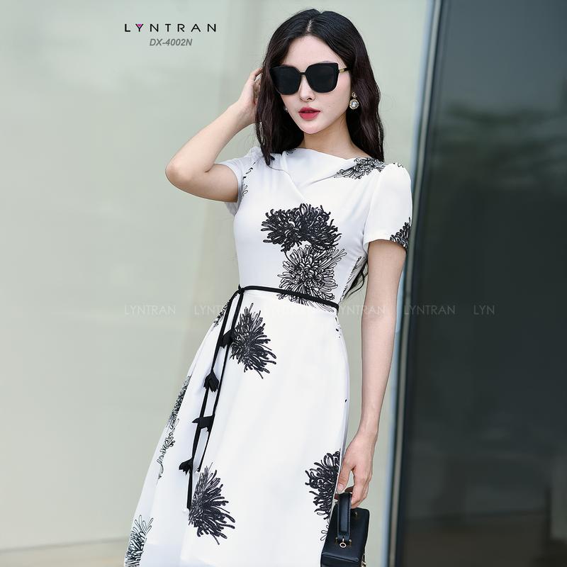 Đầm xòe họa tiết dự tiệc dáng xòe đầm midi dạo phố  ngắn tay LYNTRAN DX-4002N Nữ Women Dress Nữ Women Nữ Women Đen Trắng Màu Trắng 5