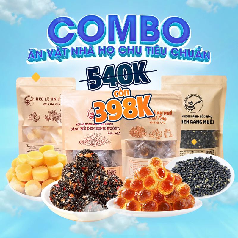 COMBO TIÊU CHUẨN Gồm: 1 Gói Kẹo Lê An Phế 250g 1 Gói Bánh Mè Đen 450g 1 Gói Kẹo Lê Mật Ong 250g 1 Gói Đậu Đen Xanh Lòng Rang Muối 500g - Đồ Ăn Vặt Nhà Họ Chu Chua Snack Food