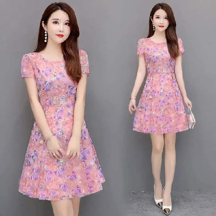 Váy Quần Áo Nữ, Ngoại Cỡ, Trang Phục Mùa Hè, ngắn Tay, Cổ Tròn, Váy Hoa, Ôm Sát Eo, Váy Trông Trẻ Trung, Váy Cho Mẹ 5