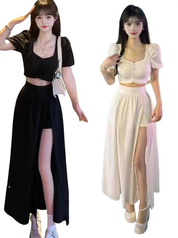 Set áo kiểu tay phồng mix chân váy xòe xẻ tà có quần trong - thun gân lạnh HD085 Nữ Women Top Trắng Ren