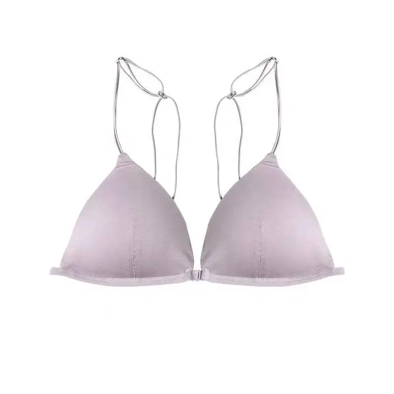 New French rimless triangle cup girl sexy grey underwear thin strap back front buckle bra