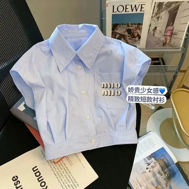 Áo Sơ Mi Không Tay Cổ Polo Sọc, Thiết Kế Độc Đáo Dành Cho Nữ, Hàng Mới Về Mùa Hè, Áo Sơ Mi Thiết Kế Đẹp, Dễ Phối Đồ, Ngắn Và Nhỏ Women Top