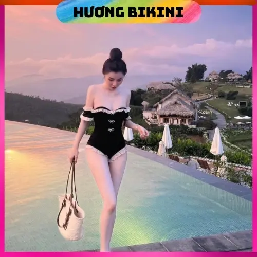Bikini bodysuit phối bèo ren trễ vai kèm tag no đính đá siêu xinh