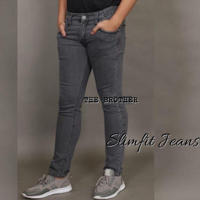 Celana panjang abu celana panjang pria jeans slimfit Polos 3