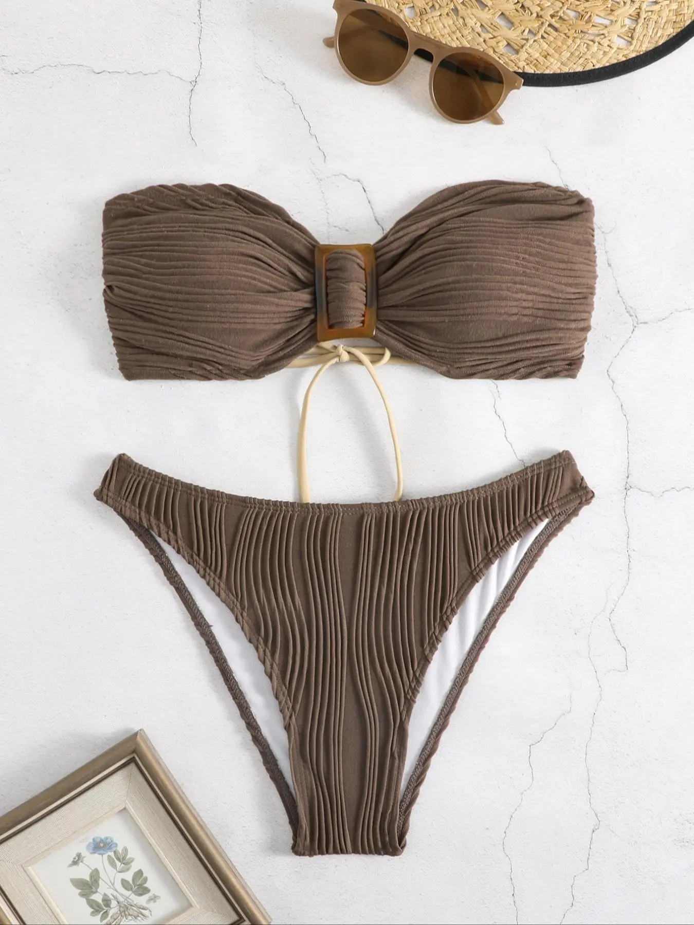 Two-Piece Set Women's Solid Textured Lace Up Tie Back Ruched Swim Bandeau Bra & High Cut Swim Panty Bikini Set, Ladies Summer Swimwear for Beach Holiday Vacation, Ladies Summer Clothes