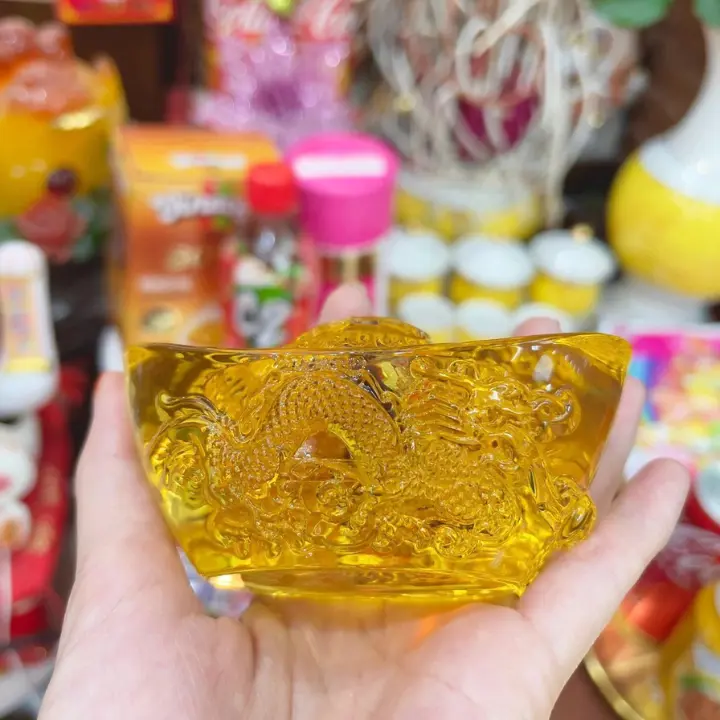 Thỏi vàng lưu ly 5cm, 10cm chạm rồng phong thủy Thần Tài may mắn 2