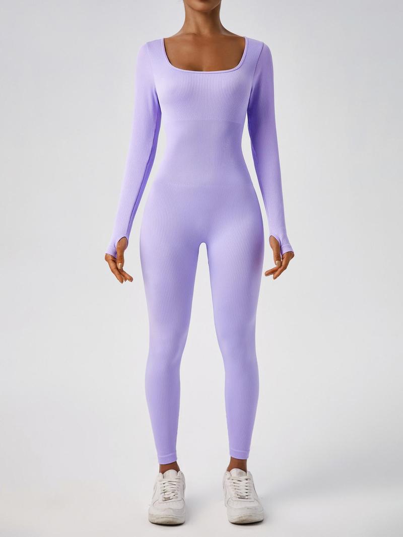 Zip Up Ribbed Long Sleeve Skinny Active Jumpsuit