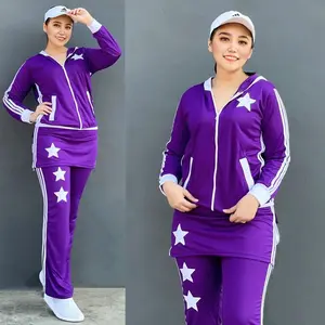 Baju Senam Aerobic Zumba Gym Stelan Olahraga Panjang Hijab Muslim Rok Bintang Ungu List Putih Setelan Hitam