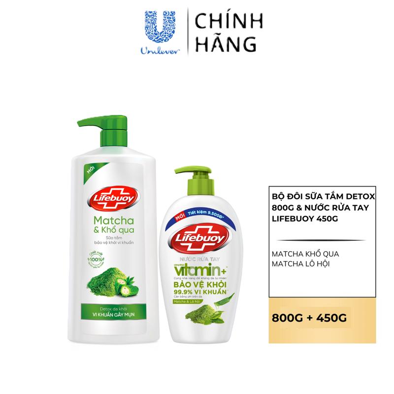   FS  Bộ Đôi Sữa Tắm Lifebuoy Detox Matcha & Khổ Qua Hỗ Trợ Da Khỏi Vi Khuẩn Gây Mụn Chai 800g + Nước Rửa Tay Lifebuoy Công thức Vitamin+ Matcha & Lô Hội Giúp Cân Bằng pH Cho Da Tay Chai 450g  3  