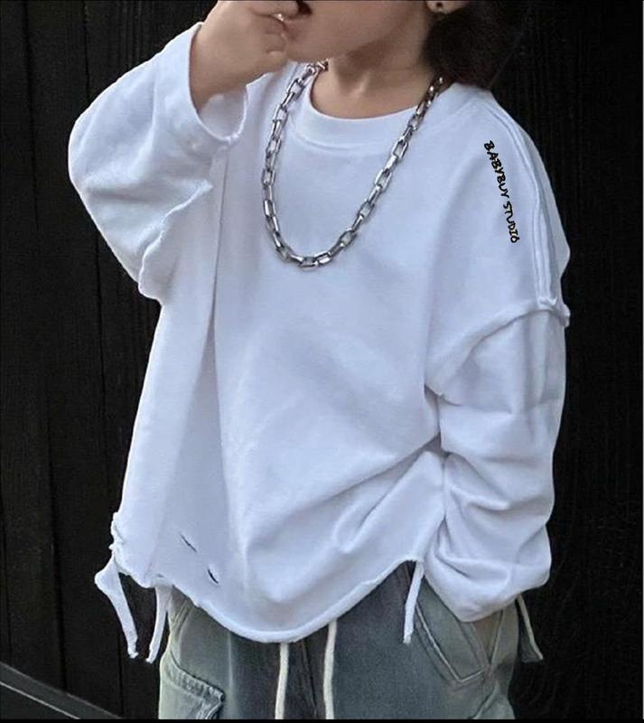 ATR01 - Áo phông trắng rách dài tay cho bé -áo Cotton  mềm phom rất to may kiểu trái vải ra ngoài size 100-150. Cotton