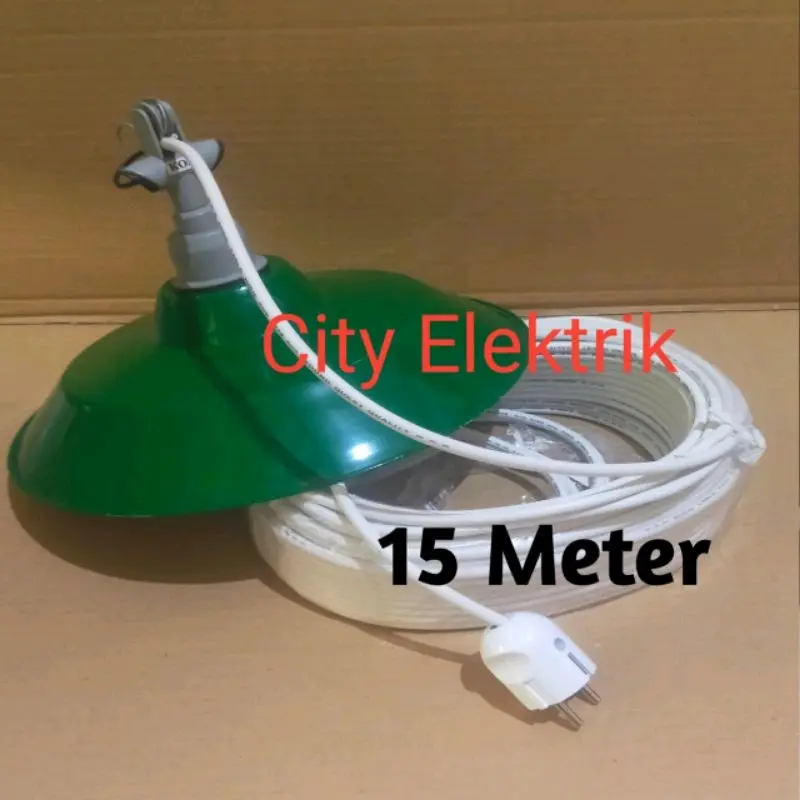 Fiting Lampu Gantung Rakitan Kabel 15 Meter + Steker Arde + Fiting Lampu & Kap Hijau ( Siap Pakai )