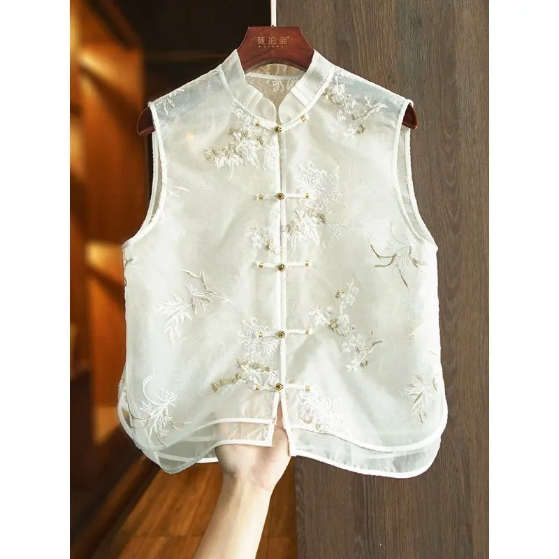 New Ladies Vest Chinese Vintage Embroidery Organza Summer Thin Women White /Black Sleeveless Tops 2025 Spring Summer New Fashion 1 Lingerie Flower Collar Clothing