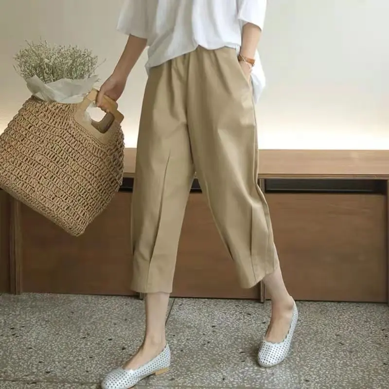 Women's Casual Soild Color Cropped Pant Elastic Waist Linen Cotton Harem Pants