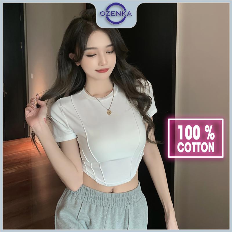 Áo baby tee croptop tay ngắn Ozenka áo thun nữ vạt bầu gợi cổ tròn gợi cảm cotton màu đen trắng dưới 55 kg Trơn Sơ Mi