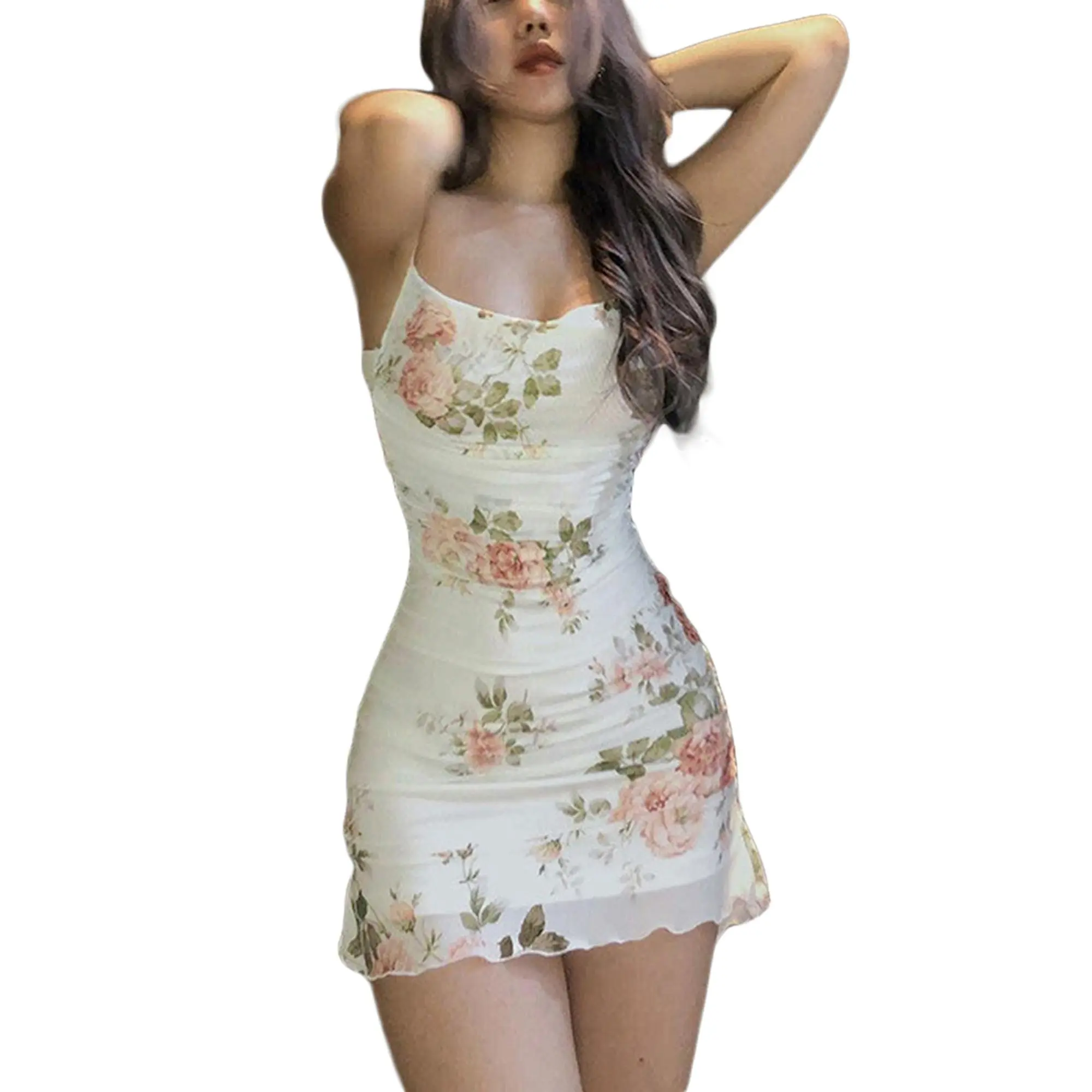 Women Sling Dress, Sling Vintage Floral Ruched Mesh Package Hip Slip Dress, Ladies Summer Slim Party/Club/Bar Short Outfits Lady Casual Womenswear Soft Essential