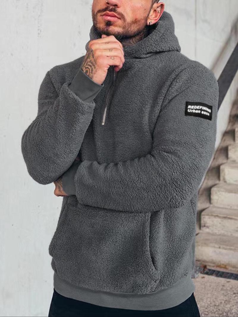 Product Introduction of Men's Solid Patched Pocket Half Zipper Hooded Sweatshirt, Regular Fit Casual Long Sleeve Fuzzy Pullover for Fall & Winter, Men's Clothes for Daily Wear 12