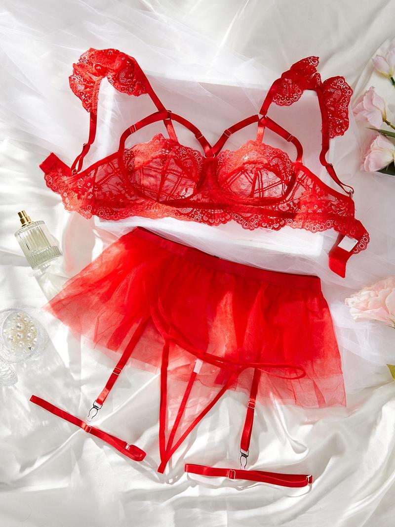 Product Introduction of "Sensual Lace Lingerie Set: Cut-Out Bra, Thong & Garter Belt with Thigh Ring - Perfect Valentine's Day Gift for Her" Womenswear Comfort Bridal Pink 9