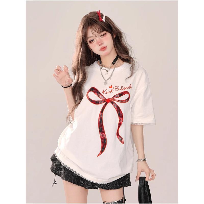 Product Introduction of Áo Thun Nữ ngắn Tay, Thêu Nơ, Có Viền Ren, Phong Cách Thời Trang Nữ, Thích Hợp Mặc Cho Nữ Top Women Cổ Tròn áo phông nữ đẹp,áo thun nữ,áo phông girl phố，áo kiểu xinh,đồ bộ nữ 4