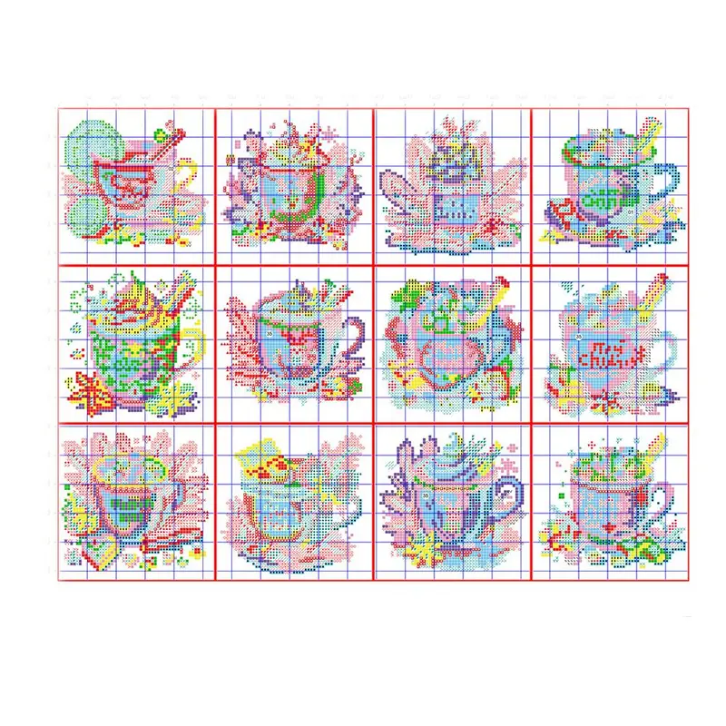 Coffee Cup Pattern Cross Stitch Kit for Beginners, 12pcs/set Cross Stitch Printed Canvas with Tools, Cartoon Needlework Craft for Home Decor 2