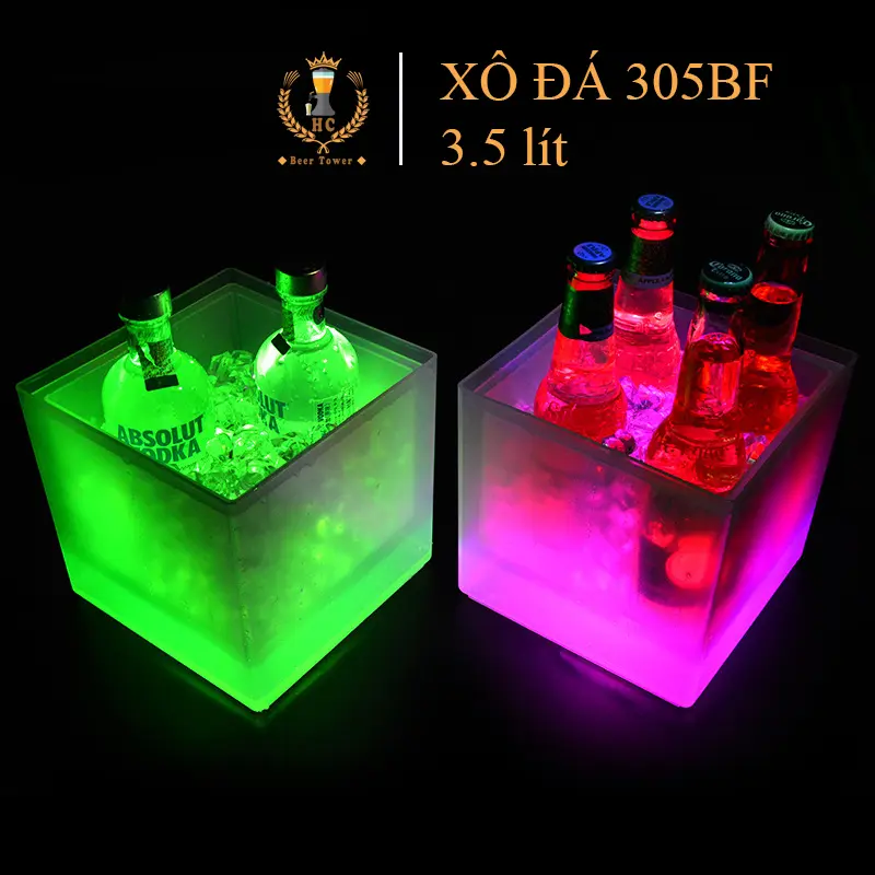 Xô đá ướp lạnh có đèn led 3.5 lít HC305 Đèn 7 màu tự động thay đổi Hình vuông 19x19xcao18.5cm Nhựa PP cho bar KTV party 0