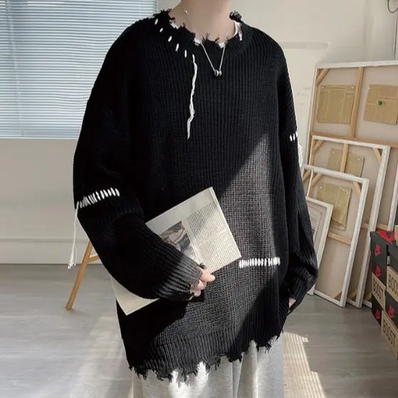 Áo sweater nam len dệt kim rách viền form rộng thời trang ulzzang unisex hàn quốc Áo sweater len nam oversize rách viền trắng cá tính phong cách ulzzang học sinh đi chơi đi học đường phố