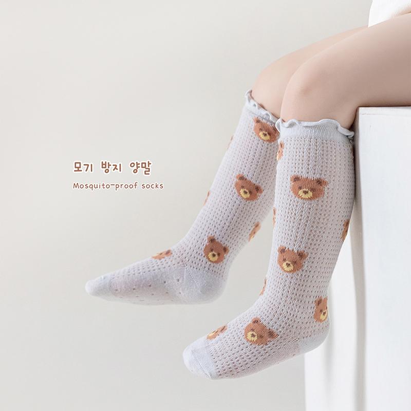 Product Introduction of Baby Socks for Girls Flower/Bear Print Mosquito Protection Mid-Calf Socks Spring Summer Breathable Kids Mesh Thin Socks 45