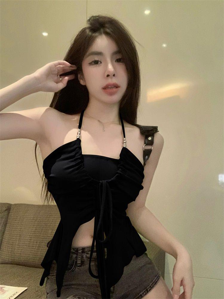 Product Introduction of Áo Ống Bất Đối Xứng Buộc Dây Cổ Yếm Màu Xanh Lá Cây,Dáng Ôm, Áo Hai Dây Sang Trọng，Đen xanh lá cây hai màu，áo quây，áo hai dây sang chảnh 12