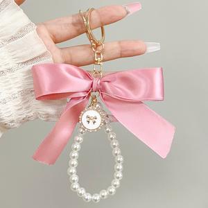 beaded bow Keychain Sweet Fashion Ribbon Bowknot Keyring Accessories Metal Buckle  Bag gifts Jewelry Accessories chain lime green power callie sinukuan tree pretzel round jade pendant necklace part chinese blades rosary heart locket agueb sleepy bunny