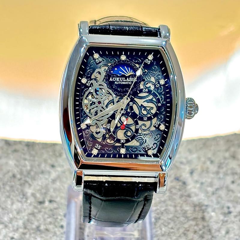 XẢ HÀNG Đồng Hồ Cơ Nam AOKULASIC Thùng Rựu Nhật Nguyệt Tinh Thành Dáng Thùng Rượu Lộ Cơ Ba Máy Nốt Nhạc Vân Hoa Chống Nước 3 ATM Size 42mm Đeo Tay Watch