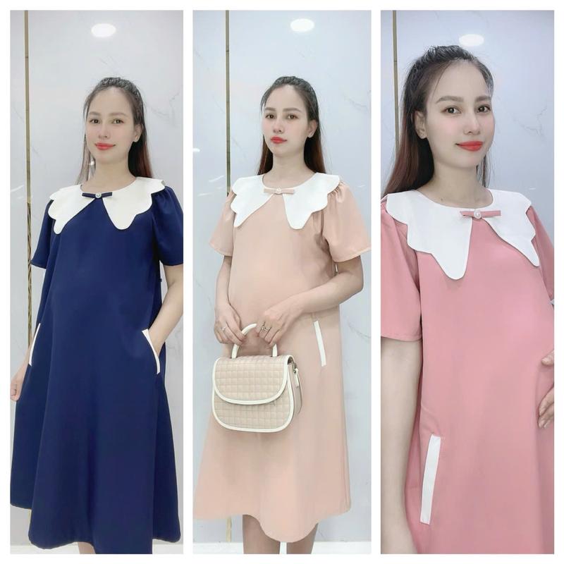 BOBIMOM - đầm bầu công sở cổ sơ mi, cho mẹ bầu mặc đi làm, đi chơi, đi tiệc xinh dễ thương qua gối lịch sự, vải cotton thái bao mềm mát, đầm bầu hè mát  Voi Váy Bầu