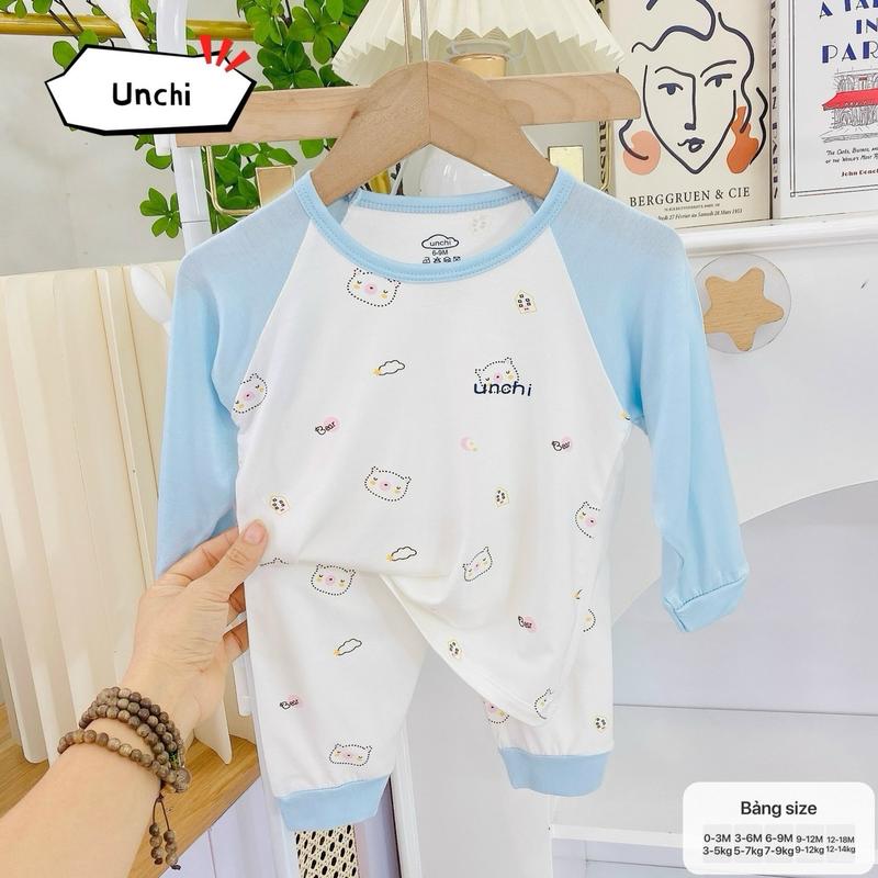 Bộ quần áo dài tay UNCHI peptit bé trai bé gái tay pha màu họa tiết cho bé 4 đến 15kg