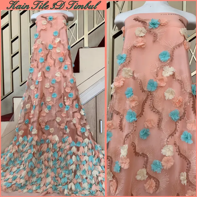 Kain Tile/Tulle 3D bunga, motif Timbul, tile Kain brokat, tile mutiara, tile polos, tile akar, tile 3D timbul, tile pingiran (Harga Setengah meter) 4