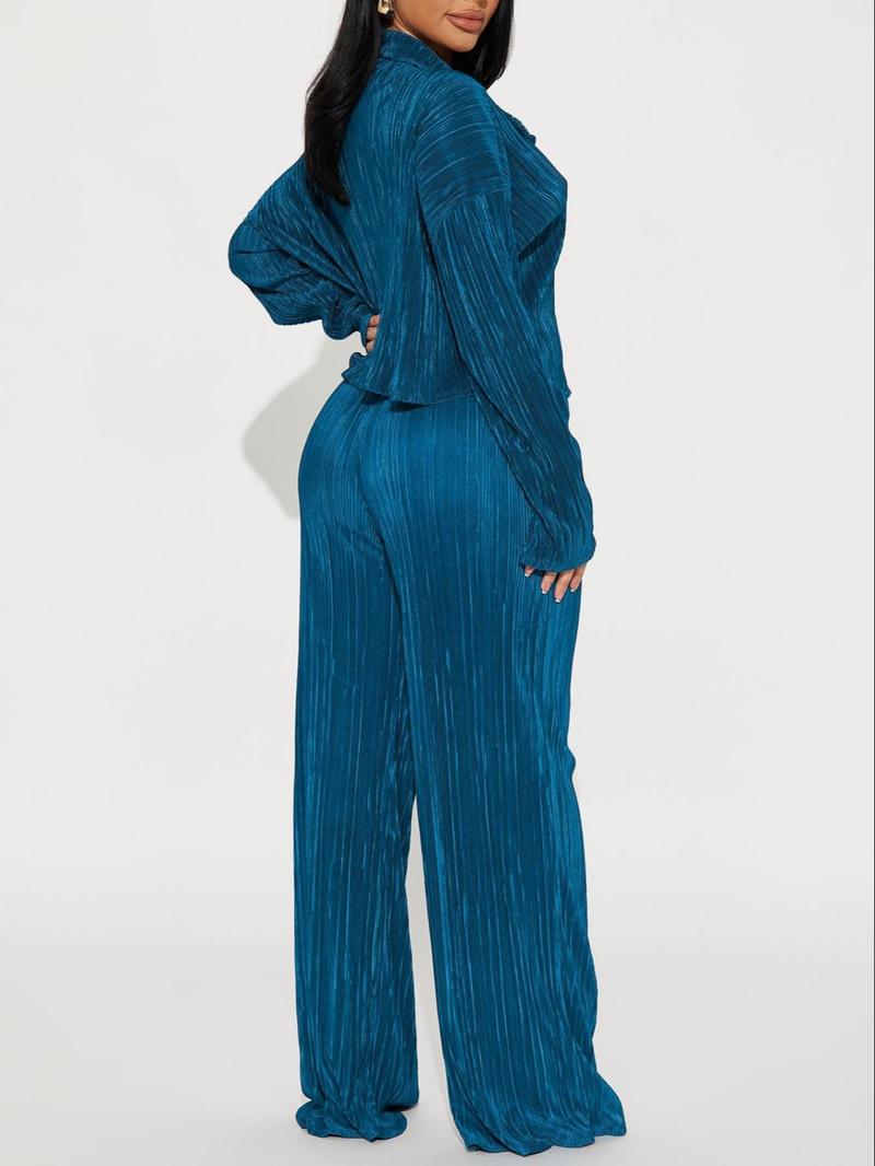 Product Introduction of Women's Solid Pleated Button Front Shirt & Wide Leg Pants Set, Casual Drop Shoulder Long Sleeve Button Up Top & Elastic Waist Trousers for Daily Wear, Ladies Spring & Fall Clothes Set 15