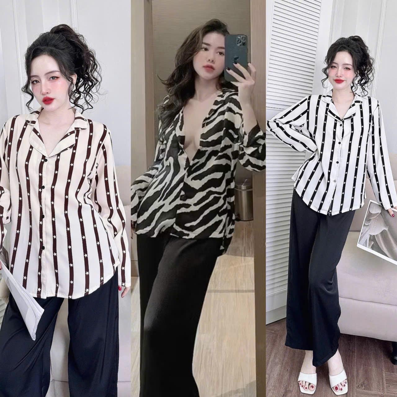 Bộ Tay Dài Sang Trọng Pijama Bigsize 50-100kg Vải Lụa Măng Gồ Tiểu Thư Nữ Áo Quần Ngủ - A.5635