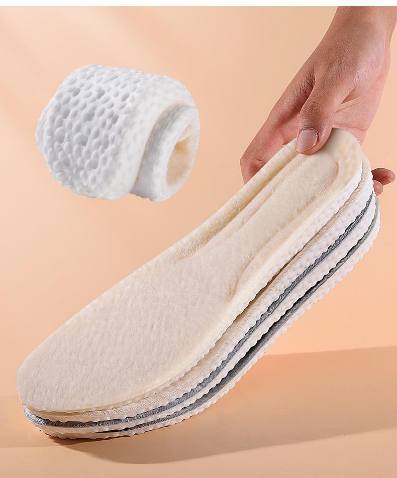 Product Introduction of Winter New Style Popcorn Warm Insoles with Fleece, Thickened, High Elasticity, Shock Absorption, Sweat-Absorbing, Breathable, Unisex Sports Insoles with a Stepping on Poop Feeling 13