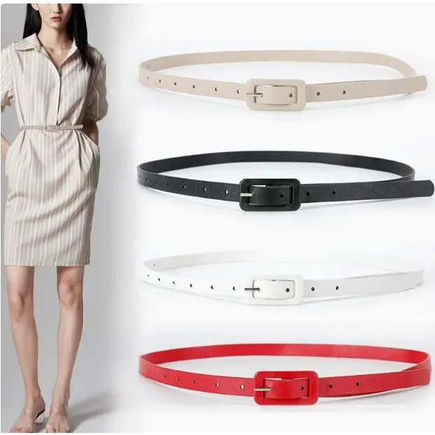 Metal Buckle PU Leather Belt Slim Side All-match Thin Waist Belt Jeans Decor Dress Belt Candy Color Waistband Ladies/Girls
