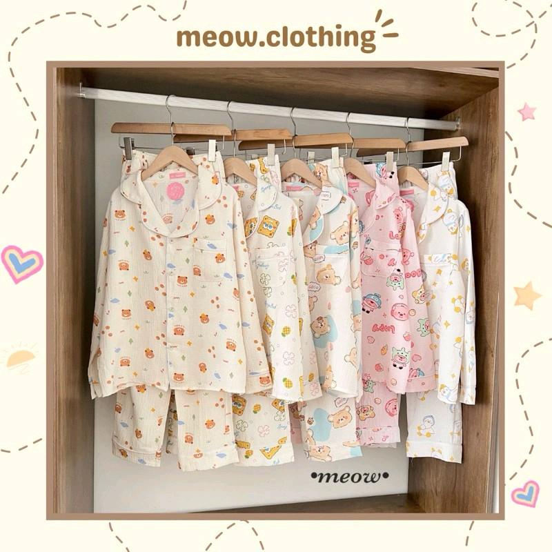 Đồ Mặc Nhà, Bộ Ngủ Nữ, Pijama Tay Dài Chất Liệu Đũi Xốp Hàn Freesize 0