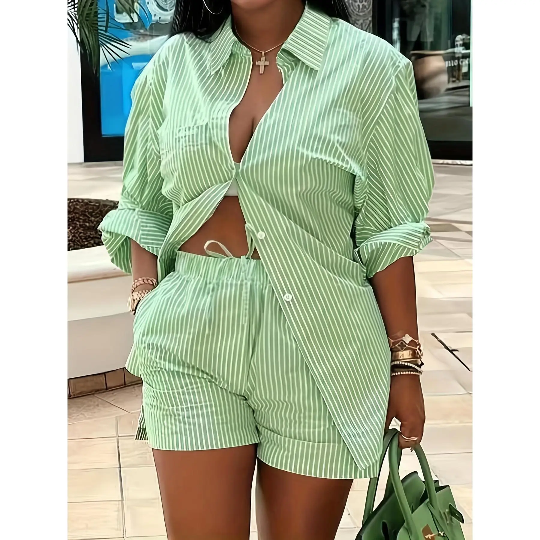 Unique Pink Striped Two-Piece Set with Bandage Pockets - Long Sleeve Button Shirt and Elastic Waist Shorts, Non-Stretch Polyester, Perfect for Casual Outings Clothes Womenswear plus  size  co  ord  set