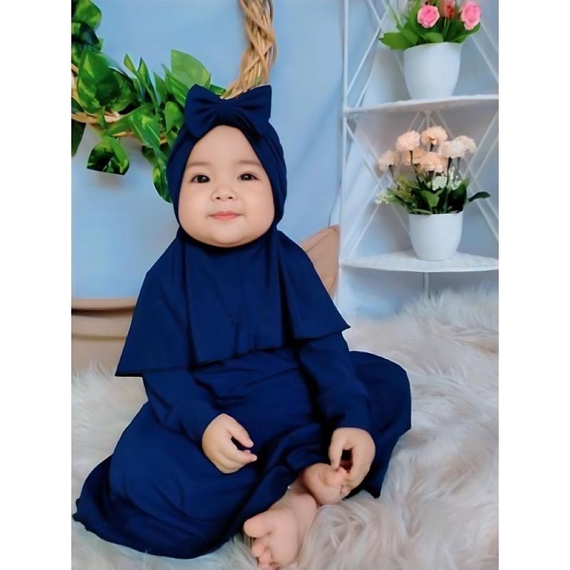Gamis Bayi Hijab Free Turban Polos 0-2 Tahun Balita Anak Fashion Pakaian Perempuan muslim panjang variasi baju Merah Setelan Kerudung Nyaman Cewek Lembut 2