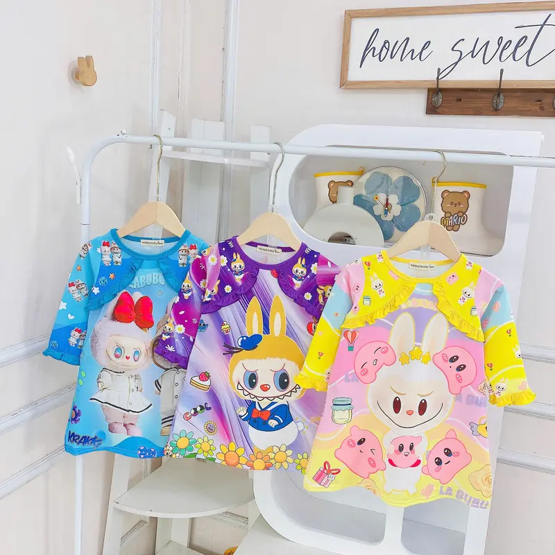 Bộ váy dài tay Cho Bé Gái 7-30kg-từ 7 tuổi trở xuống-Bộ Dài Tay In Hình Hoạ Tiết LABUBU, chất thun lạnh 3D Cho bé gái mềm mịn thoáng mát Có độ co giãn 4 chiều cho bé hoạt động thoải mái dành cho bé cao dưới 1m5 set baby mềm 7
