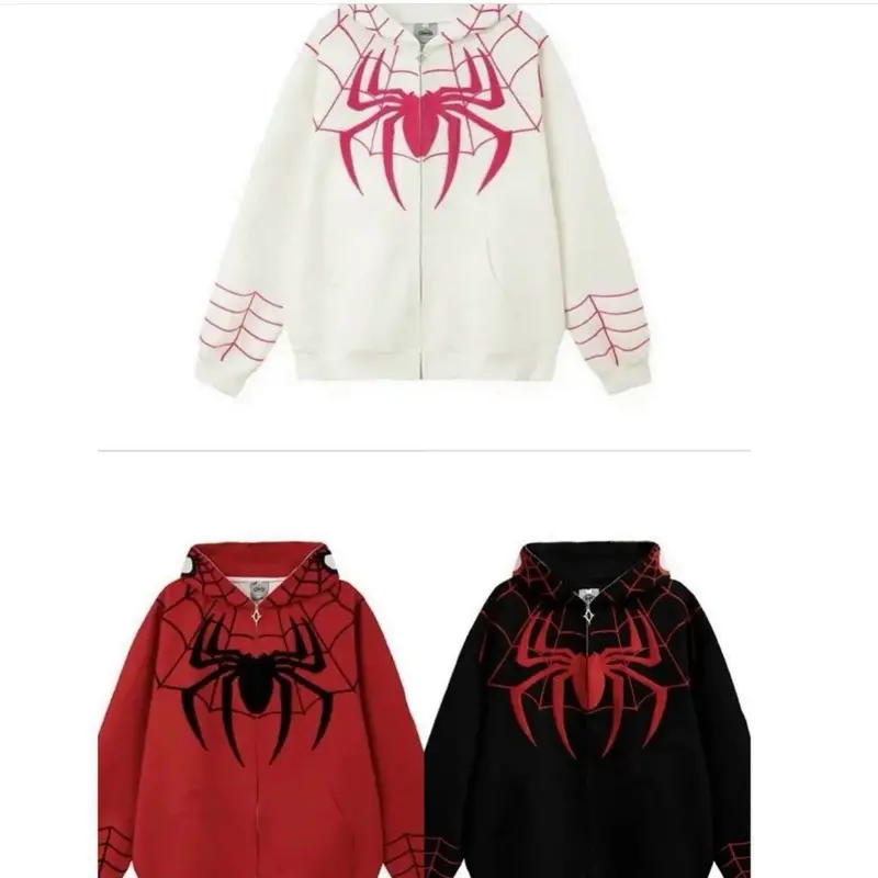 Áo khoác in nhện dây kéo đến nón trùm đầu.chất thun dày mềm mịn, mát, form to bự 80kg Nam Menswear Hoodie Dài Tay Đen Kem 4