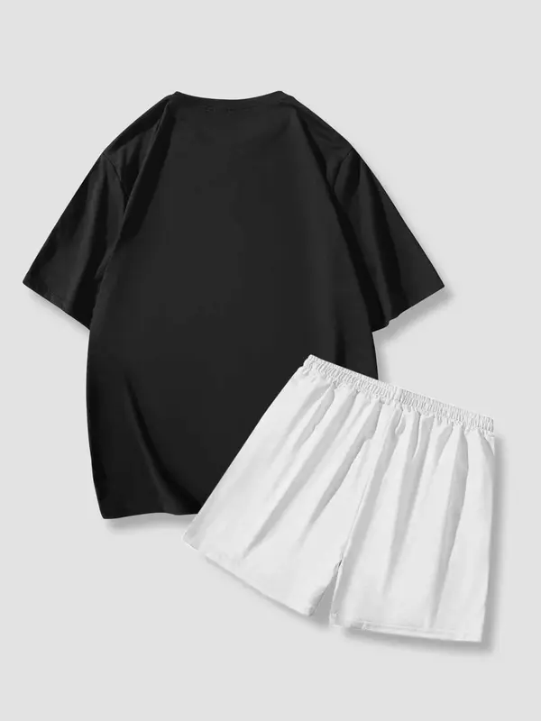 Two-Piece Set Men's Regular Fit Bear Print Tee & Shorts, Crew Neck Short Sleeve T-Shirt & Track Shorts, Casual Top & Sweat Shorts, Men's Clothing for Spring & Fall 2