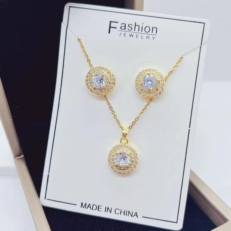 Product Introduction of New Copper Plated Real Gold Micro Inlaid Zirconium round Zircon Earrings Necklace Two-Piece Suit Ornament 1