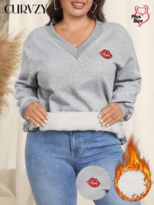 CURVZY Plus Size Lip Embroidery Drop Shoulder Pullover, Fashion Casual Long Sleeve V Neck Sweatshirt for Daily Outdoor Wear, Women Clothing for Fall & Winter
