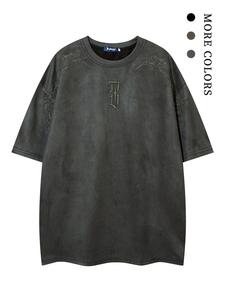 Men's Embroidery Drop Shoulder Suede Tee, Street Fashion Soft Comfy Half Sleeve Round Neck T-Shirt for Summer, Men's Top for Daily Wear
