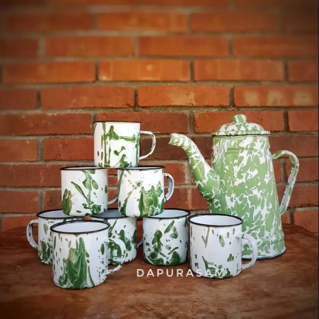 Set Teko Tinggi + 8 Mug Lurik 7cm Enamel Seng Blek Vintage Gelas Jadul Blirik tea  set