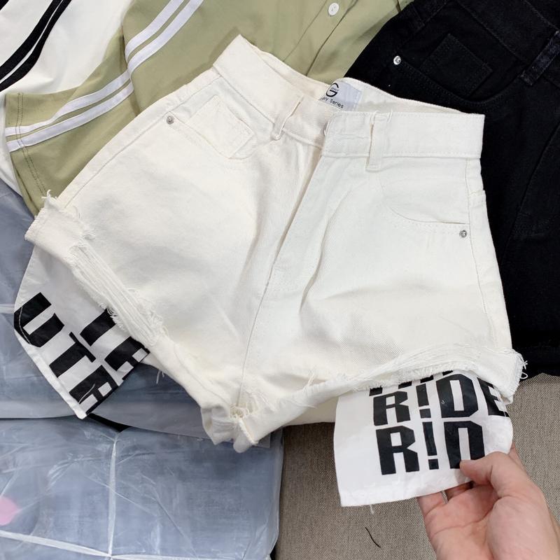 Quần đùi short jean nữ lưng cao rách Denim Pants xước túi lòi in chữ Women