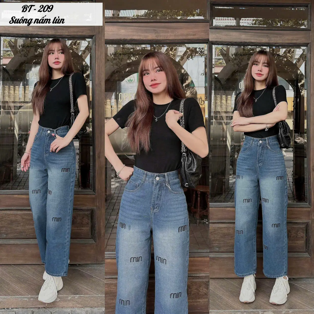 ( QUẦN SUÔNG NẤM LÙN )QUẦN JEAN SUÔNG NỮ CẠP CAO,CHẤT JEAN DÀY MỀM THÊU CHỮ MIN HOTTREN MS 209