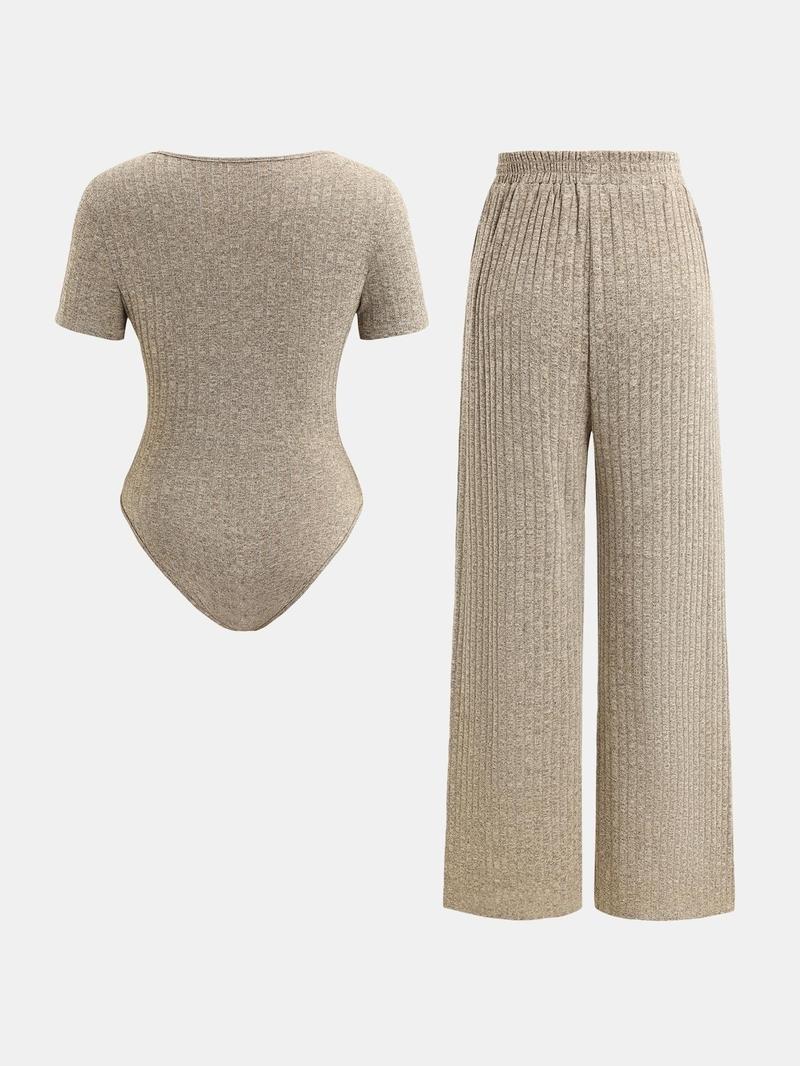 Product Introduction of YOZY Women's Solid Ribbed Ruched Bodysuit & Wide Leg Pants Two-piece Set, Casual Sweetheart Neck Short Sleeve Bodysuit & Elastic Waist Trousers for Daily Wear, Ladies Two-piece Outfits for All Seasons 3